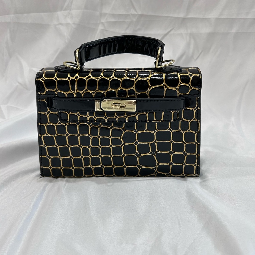 Black Structured Clutch with Crocodile Pattern and Gold Accents